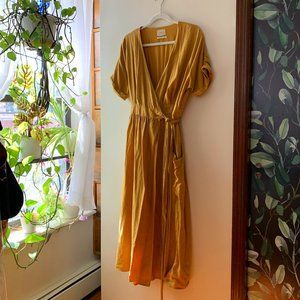 Urban Outfitters Gabrielle Gold Linen Midi Wrap Dress